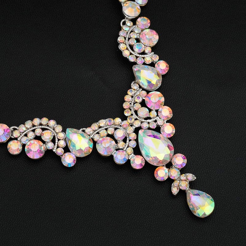 CSY Elegant Iridescent Crystal Necklace Earrings Bracelet Ring Bridal Wedding Costume Jewelry Sets for Brides Women Gifts (Iridescent AB Crystal - Silver tone) - Image 4